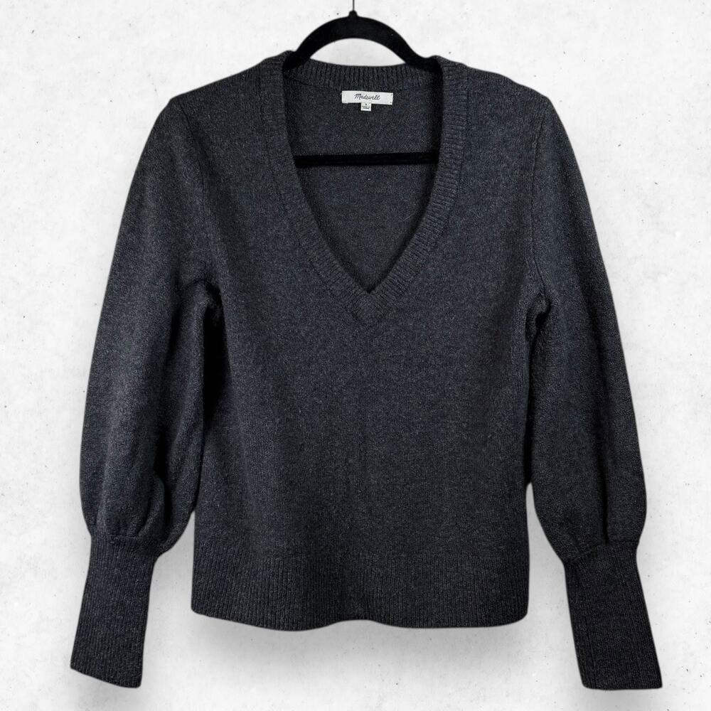 Madewell Dashwood V-Neck Balloon Sleeve Sweater Cozy Grey Women's S Wool Blend